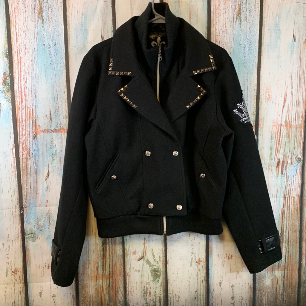Raw Blue Wool Blend Motorcycle-Style Studded Coat With Patches Size 2x